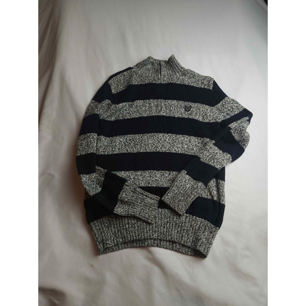 Chaps Boys Navy Blue Grey Striped Quarter Zip‎ Mock Neck Sweater Size L 14/16